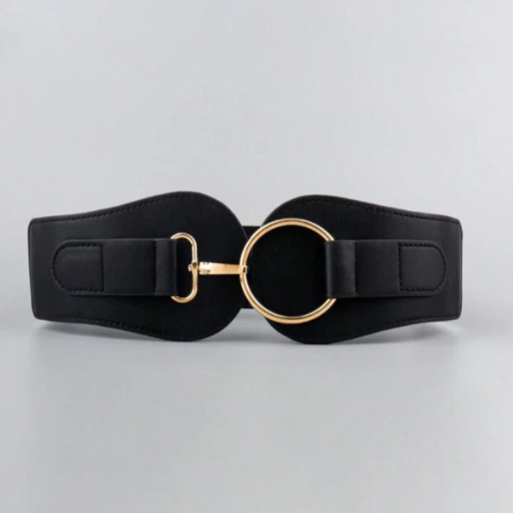 Womens Hook & Loop Elastic Faux Leather Belt Black New